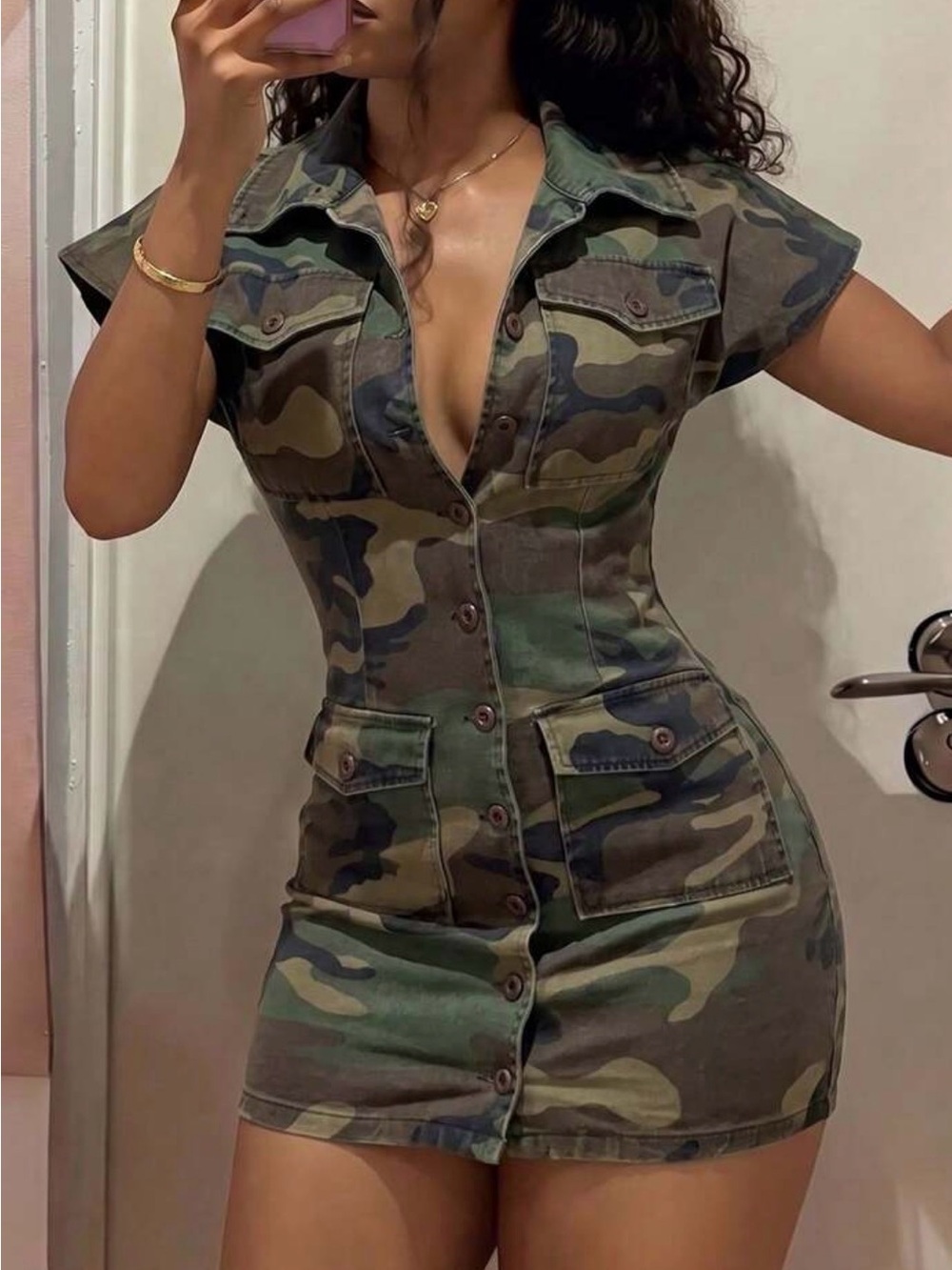 Camo Button-Front Mini Dress - Green Camouflage